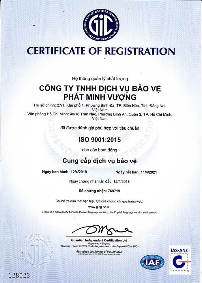 Công ty TNHH bảo vệ PMV được cấp chứng chỉ ISO 9001:2015